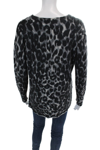 Rachel Zoe Womens Long Sleeve Leopard Print Scoop Neck Sweater Gray Black XS