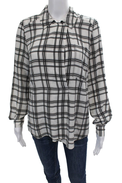 Marissa Webb Womens Button Front Collared Silk Plaid Shirt White Black Size XS