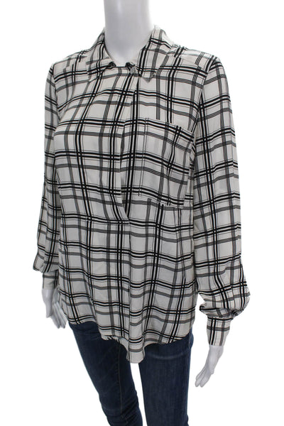 Marissa Webb Womens Button Front Collared Silk Plaid Shirt White Black Size XS