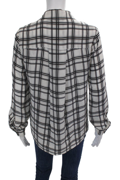 Marissa Webb Womens Button Front Collared Silk Plaid Shirt White Black Size XS