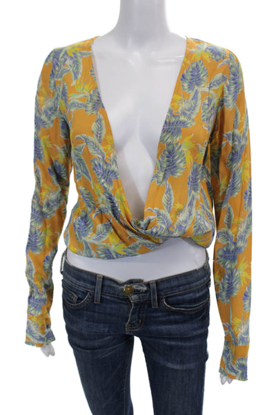 For Love & Lemons Womens Long Sleeve V Neck Leaf Printed Blouse Yellow Blue XS