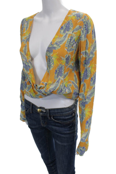 For Love & Lemons Womens Long Sleeve V Neck Leaf Printed Blouse Yellow Blue XS