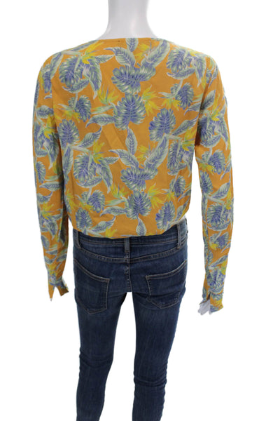 For Love & Lemons Womens Long Sleeve V Neck Leaf Printed Blouse Yellow Blue XS