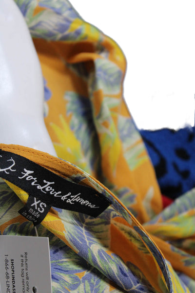 For Love & Lemons Womens Long Sleeve V Neck Leaf Printed Blouse Yellow Blue XS