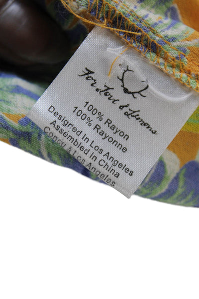 For Love & Lemons Womens Long Sleeve V Neck Leaf Printed Blouse Yellow Blue XS