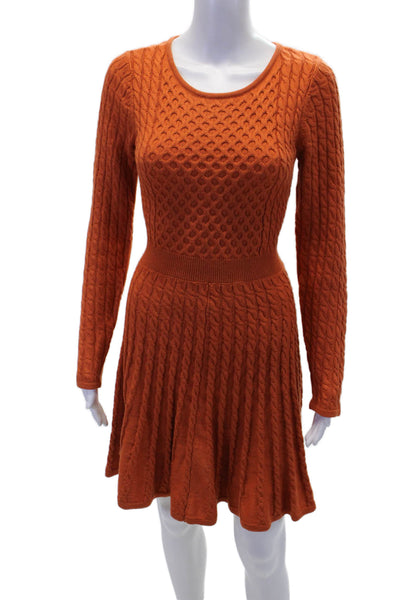 Calvin Klein Women's Long Sleeves Cable-Knit Flare Mini Dress Oramge Size S