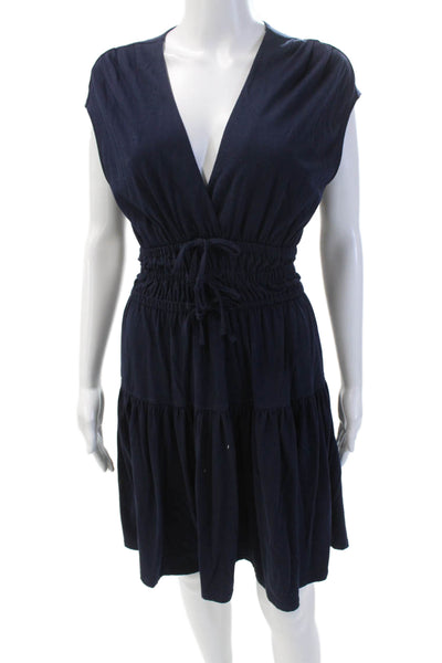 10 Crosby Derek Lam Womens Cotton Ruched V-Neck Short Sleeve Dress Navy Size XS