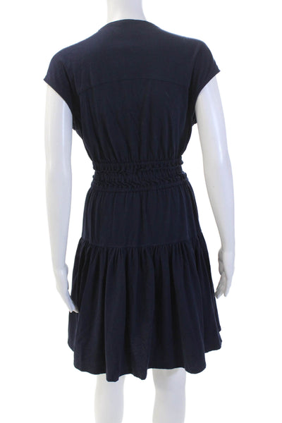 10 Crosby Derek Lam Womens Cotton Ruched V-Neck Short Sleeve Dress Navy Size XS