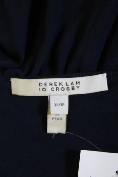 10 Crosby Derek Lam Womens Cotton Ruched V-Neck Short Sleeve Dress Navy Size XS
