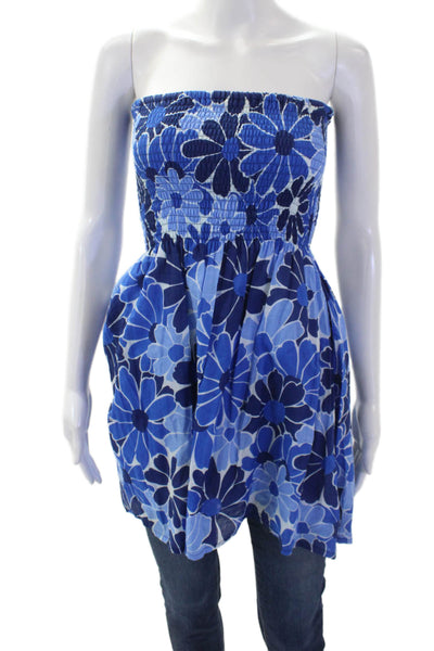 Faithfull The Brand Womens Cotton Floral Smocked Sleeveless Blouse Blue Size 4