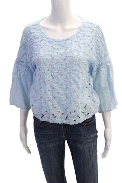 120% Lino Women's Round Neck Short Sleeves Eyelet Blouse Light Blue Size 40