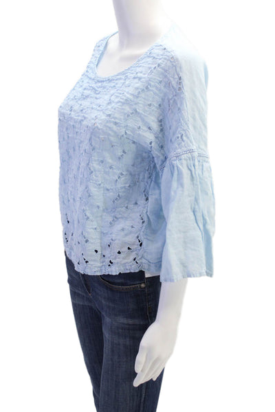 120% Lino Women's Round Neck Short Sleeves Eyelet Blouse Light Blue Size 40