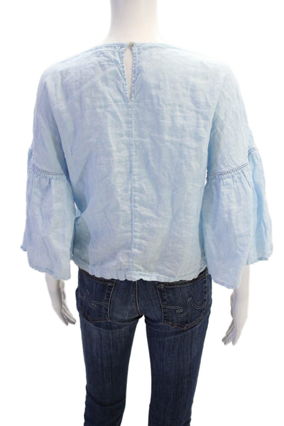 120% Lino Women's Round Neck Short Sleeves Eyelet Blouse Light Blue Size 40