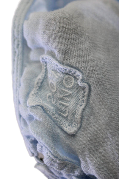 120% Lino Women's Round Neck Short Sleeves Eyelet Blouse Light Blue Size 40