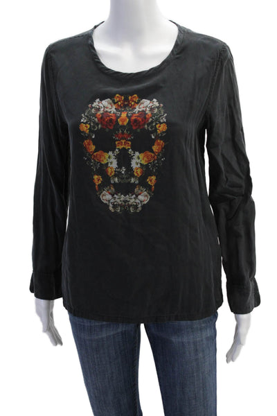 Equipment Femme Women's Silk Long Sleeves Embroidered Blouse Black Size S