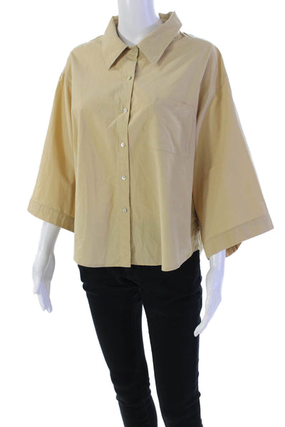 Araminta James Womens Button Front 3/4 Sleeve Collared Pocket Shirt Brown Small