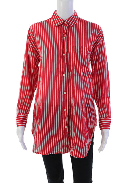 J Crew Womens Cotton Striped Print Collared Button-Down Shirt Red Size 2XS