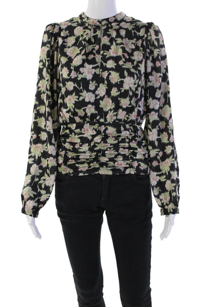 Heartloom Womens Floral Smocked Y-Neck Long Sleeve Blouse Black Size M