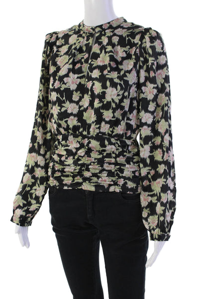 Heartloom Womens Floral Smocked Y-Neck Long Sleeve Blouse Black Size M