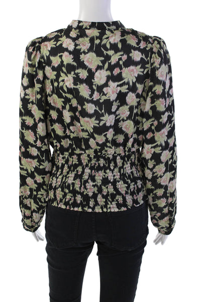 Heartloom Womens Floral Smocked Y-Neck Long Sleeve Blouse Black Size M