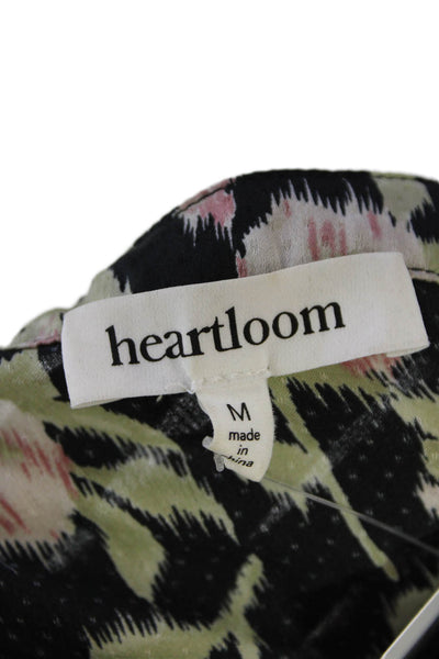 Heartloom Womens Floral Smocked Y-Neck Long Sleeve Blouse Black Size M