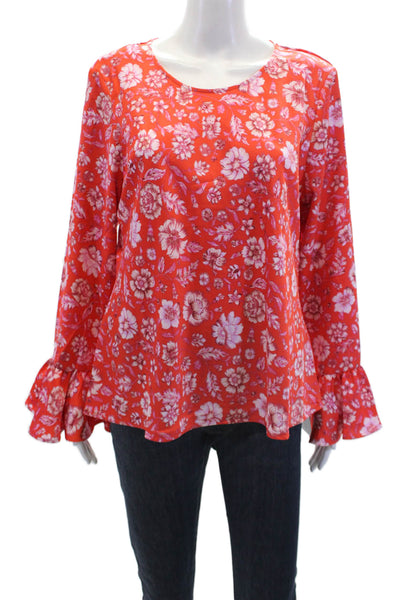 J Crew Womens Floral Print Long Flare Sleeves Blouse Red Pink Size Large