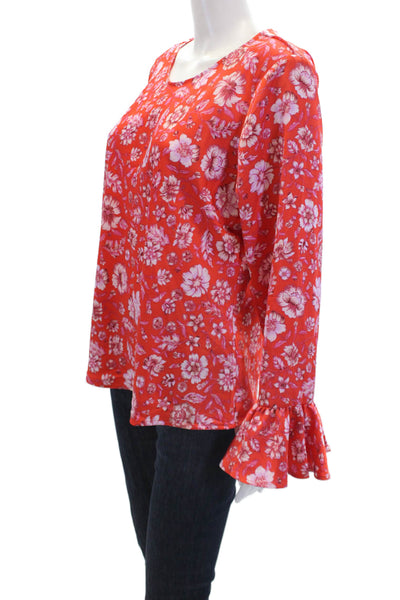 J Crew Womens Floral Print Long Flare Sleeves Blouse Red Pink Size Large
