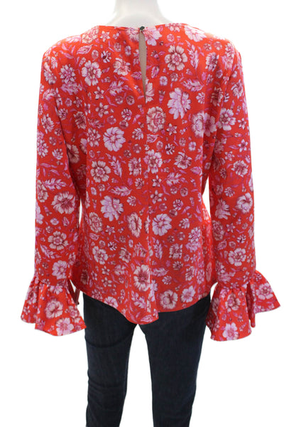 J Crew Womens Floral Print Long Flare Sleeves Blouse Red Pink Size Large