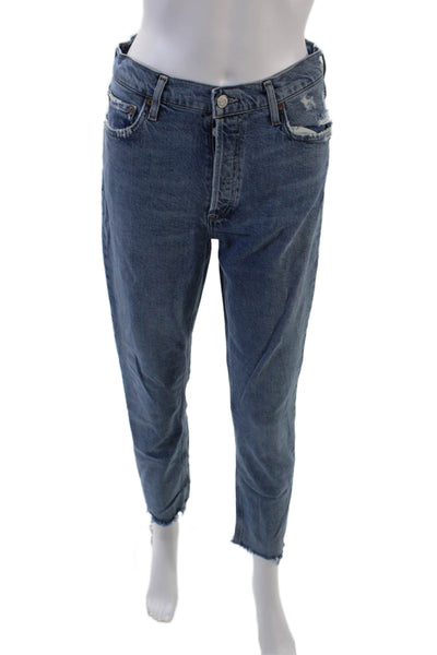 Agolde Womens Mid Rise Button Fly Distressed Straight Jeans Blue Size 27