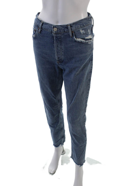 Agolde Womens Mid Rise Button Fly Distressed Straight Jeans Blue Size 27