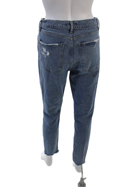 Agolde Womens Mid Rise Button Fly Distressed Straight Jeans Blue Size 27