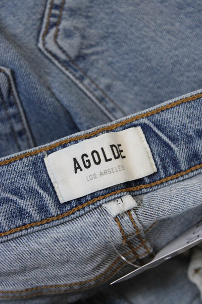 Agolde Womens Mid Rise Button Fly Distressed Straight Jeans Blue Size 27