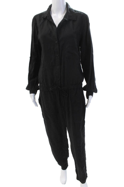 Bella Dahl Womens Collared Long Sleeve Drawstring Waist Jumpsuit Black Size L