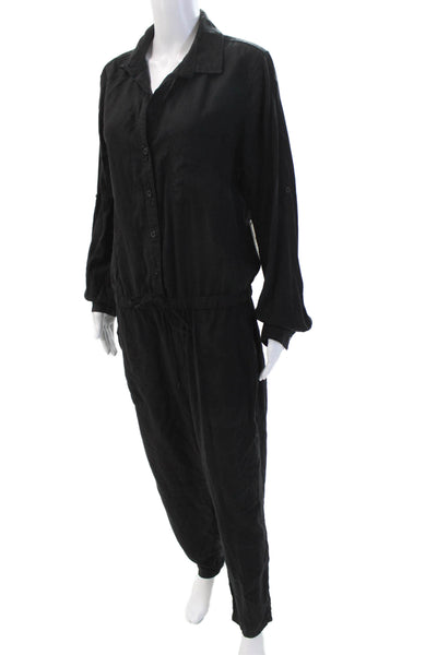 Bella Dahl Womens Collared Long Sleeve Drawstring Waist Jumpsuit Black Size L