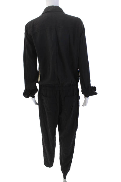 Bella Dahl Womens Collared Long Sleeve Drawstring Waist Jumpsuit Black Size L