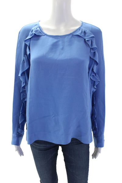 J Crew Womens Silk Ruffled Long Sleeves Crew Neck Blouse Sky Blue Size 12