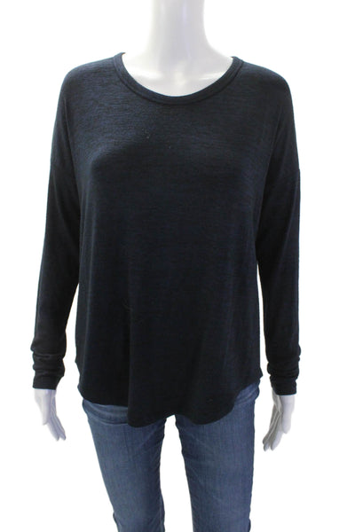 Splendid Womens Long Sleeve Crewneck Curve Hem T Shirt Blue Size S