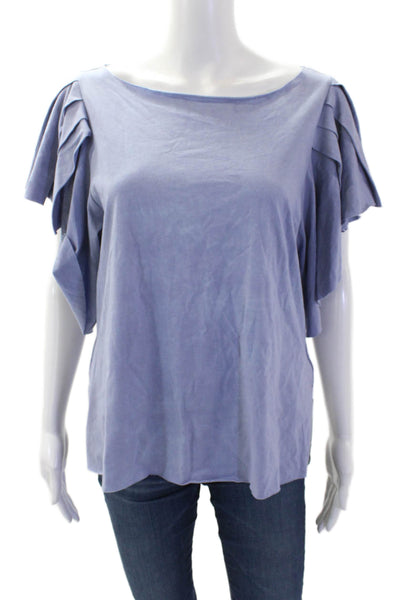 Love Shack Fancy Womens Cotton Raw Hem Ruffle Short Sleeve TShirt Blue Size XS