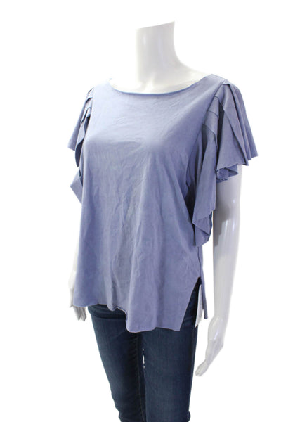 Love Shack Fancy Womens Cotton Raw Hem Ruffle Short Sleeve TShirt Blue Size XS