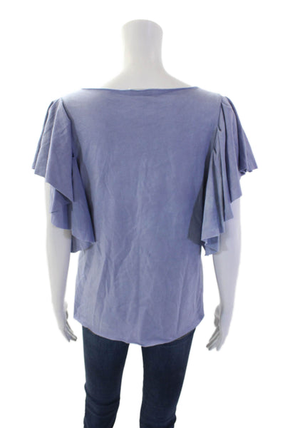 Love Shack Fancy Womens Cotton Raw Hem Ruffle Short Sleeve TShirt Blue Size XS