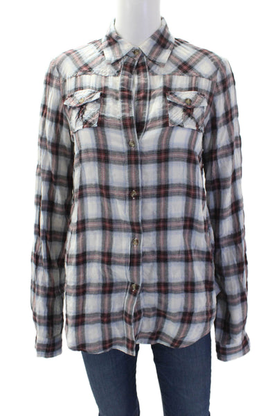 Elizabeth and James Womens Cotton Plaid Collared Button Up Blouse Top Red Size S