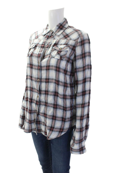 Elizabeth and James Womens Cotton Plaid Collared Button Up Blouse Top Red Size S