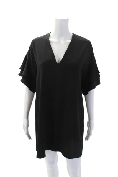 Zara Woman Womens Ruffle Trim V-Neck Short Sleeve A-Line Dress Black Size S
