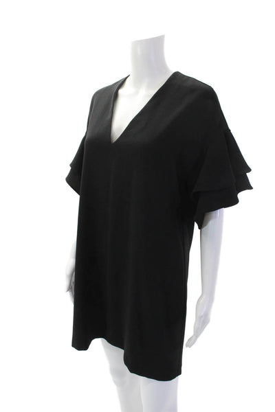 Zara Woman Womens Ruffle Trim V-Neck Short Sleeve A-Line Dress Black Size S