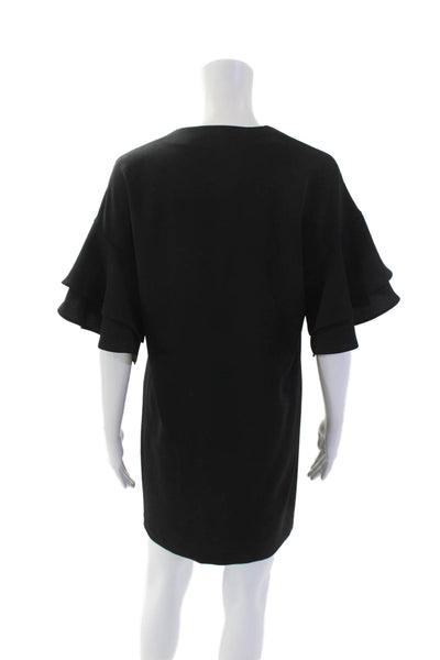 Zara Woman Womens Ruffle Trim V-Neck Short Sleeve A-Line Dress Black Size S
