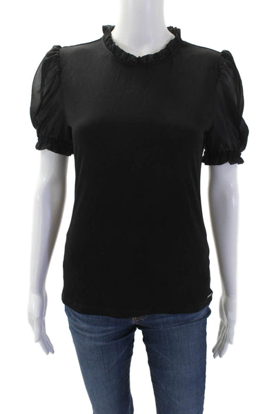 T Tahari Womens Short Puffy Sleeves Ruffled Neck Blouse Black Size Small