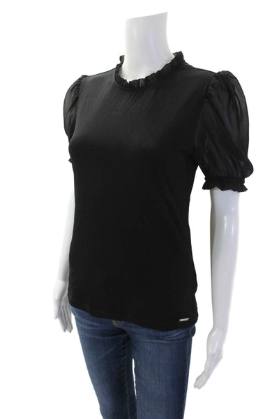 T Tahari Womens Short Puffy Sleeves Ruffled Neck Blouse Black Size Small