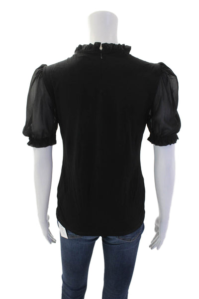 T Tahari Womens Short Puffy Sleeves Ruffled Neck Blouse Black Size Small
