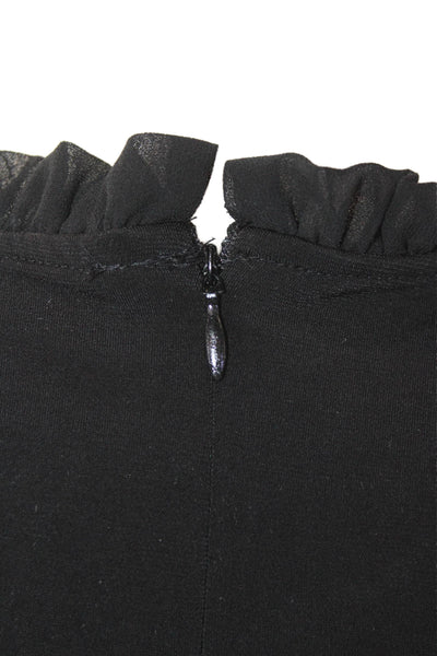 T Tahari Womens Short Puffy Sleeves Ruffled Neck Blouse Black Size Small