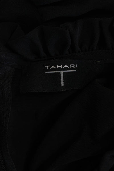 T Tahari Womens Short Puffy Sleeves Ruffled Neck Blouse Black Size Small